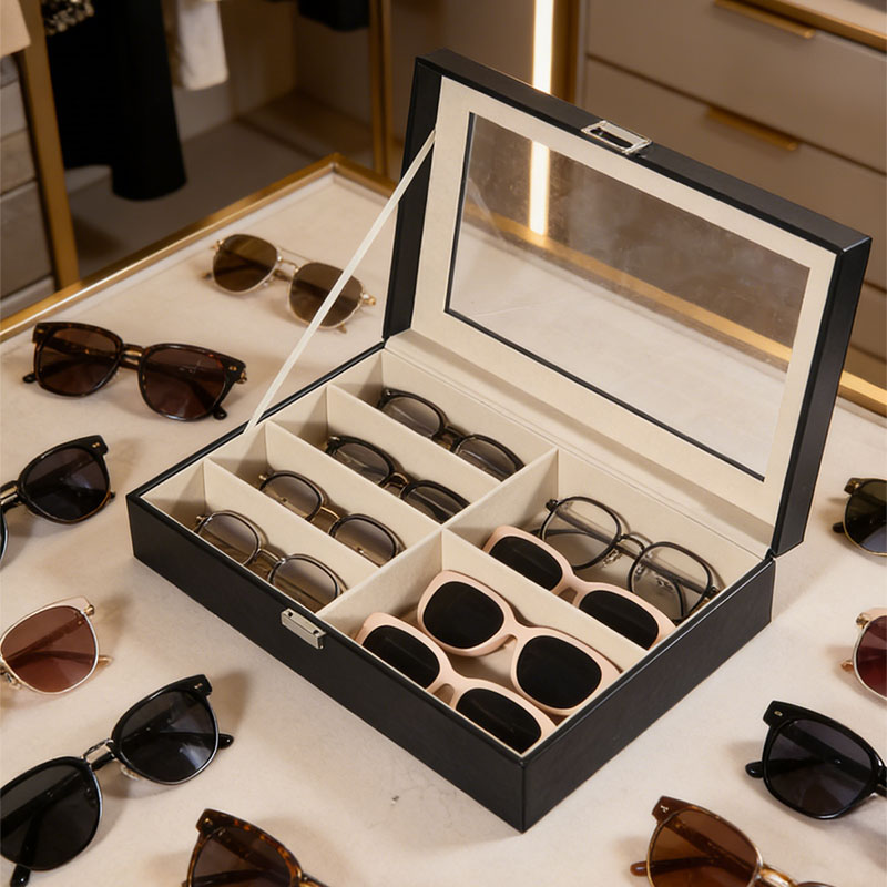 Woodworking Show - Black 6-Compartment Eyeglass Storage Box Jewelry